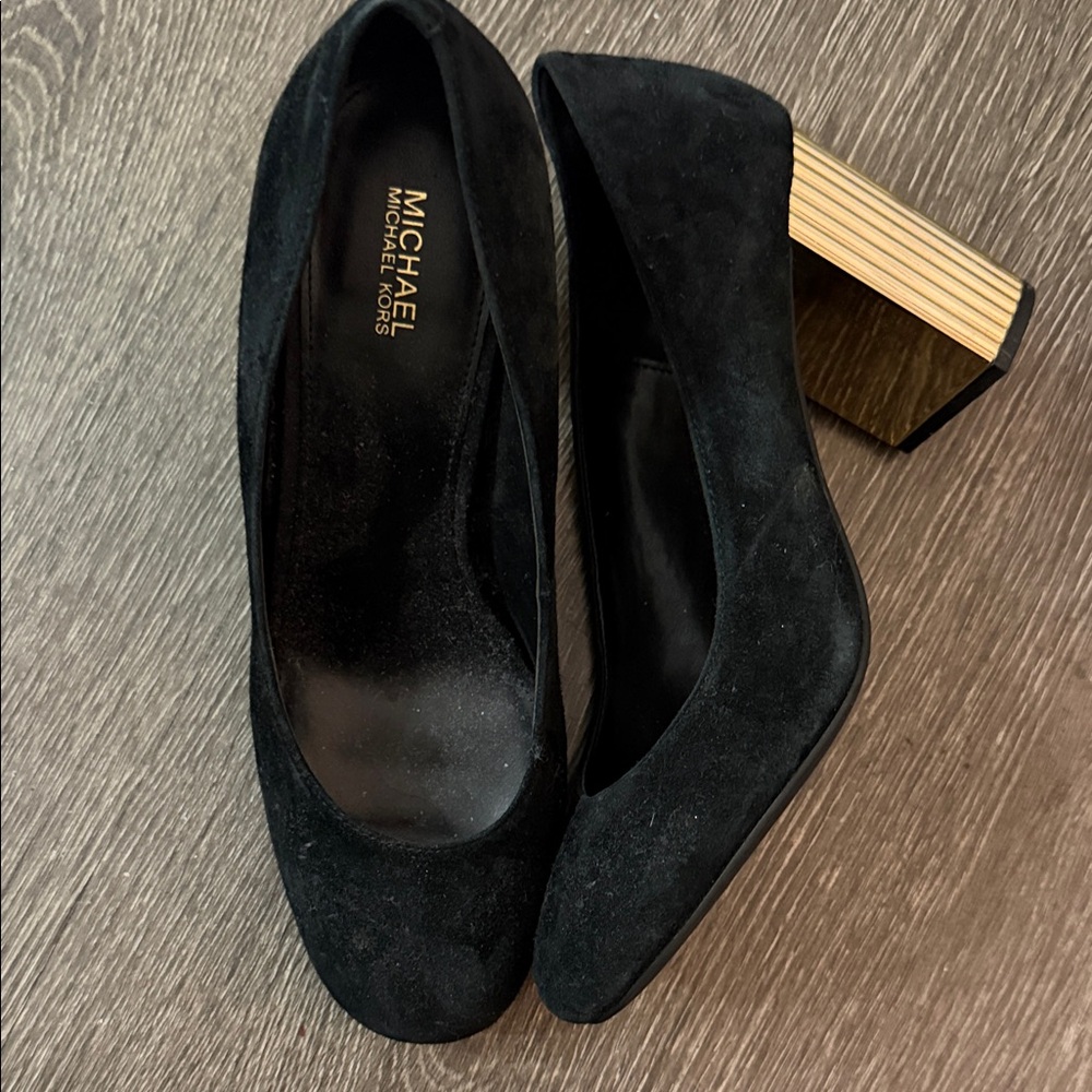 Michael Kors Black Suede Heels with Gold Accent
